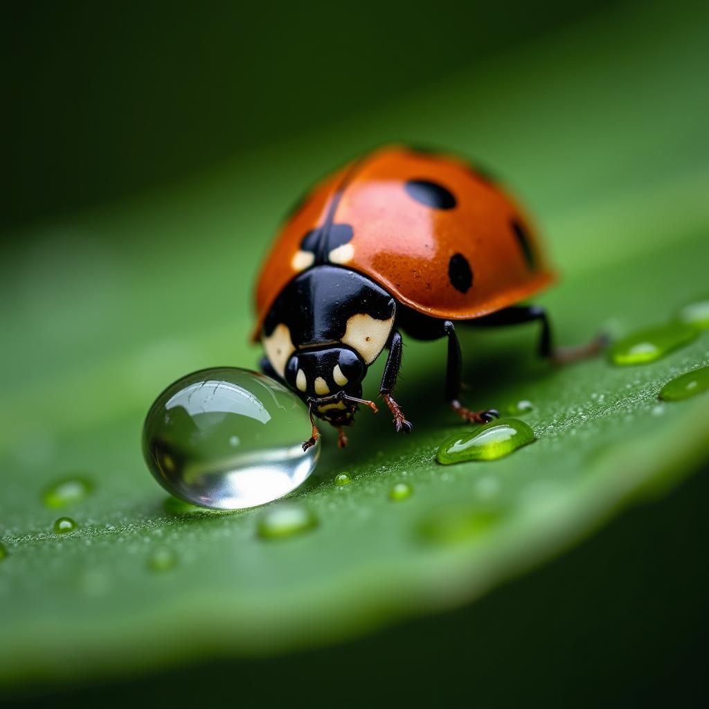 A macro shot of a ladybug next to a dew drop, on a leaf.