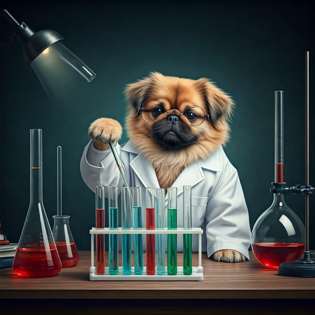 An anthropomorphic ultra detailed Pekingese in a white coat and glasses mixes chemical reagents in test ...  by @Likra