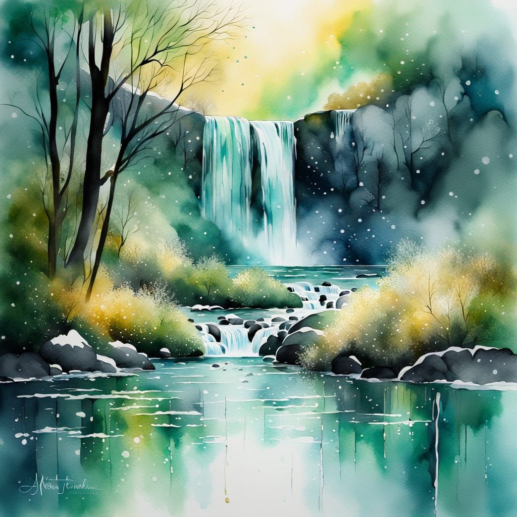 Emerald Waterfall in Snowy Landscape, Watercolour and Ink