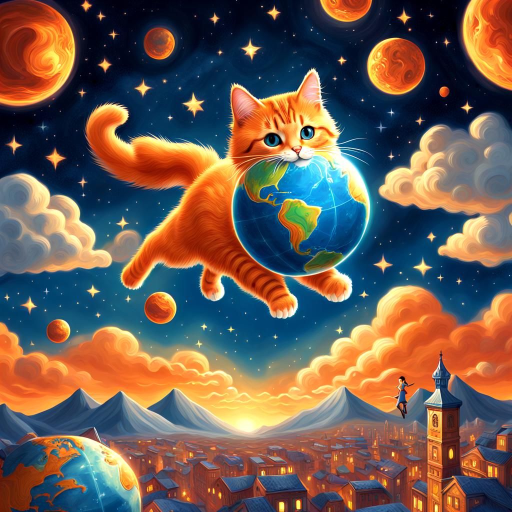 Orange Cat Flying Above Earth in Miyazaki Style