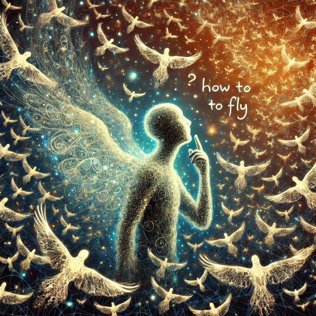 a creature without wings asking: "How to fly", surrounded by hundreds of glowing, Delicate, filigree-like networks of bi...