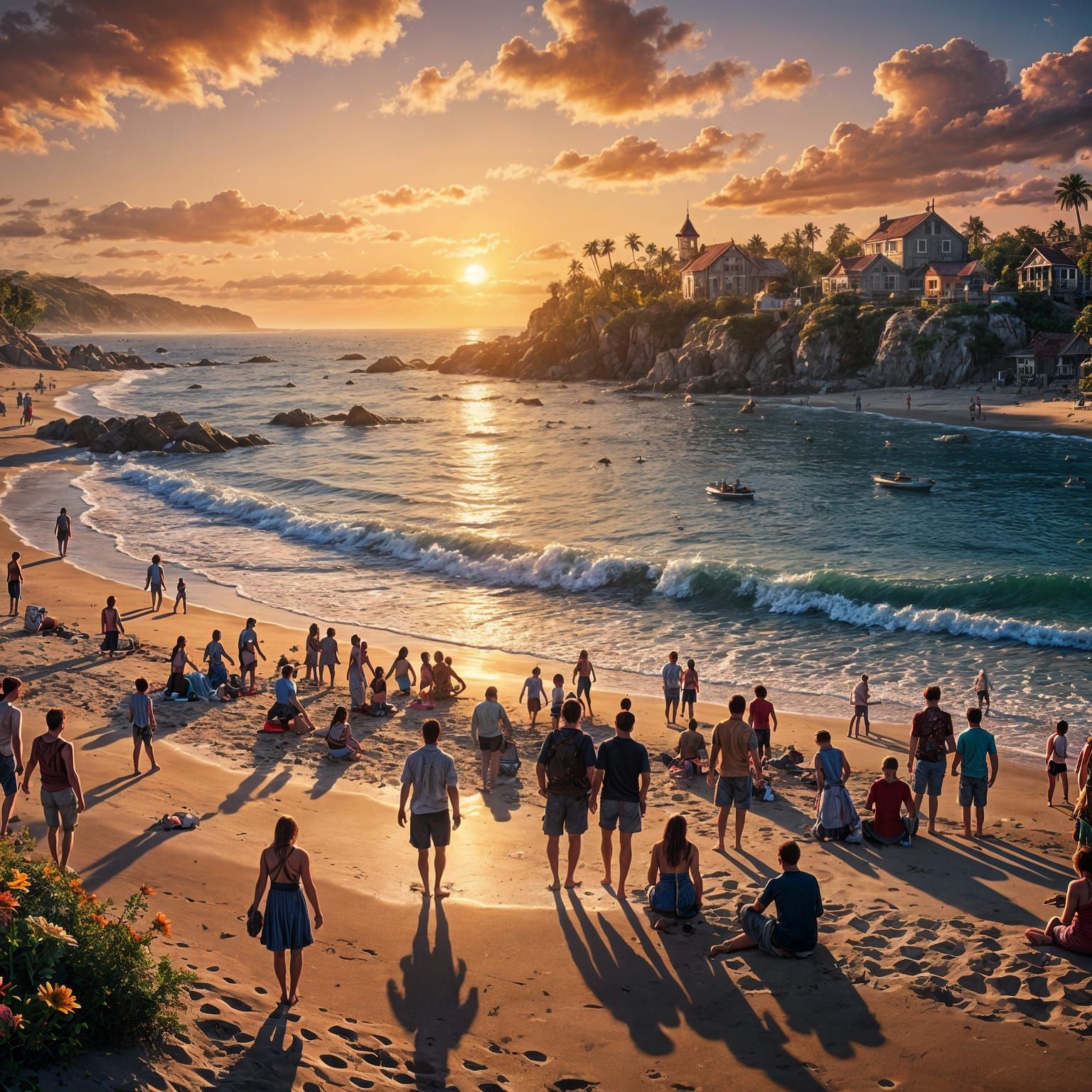 People enjoying beautiful summer sunset on beach shore