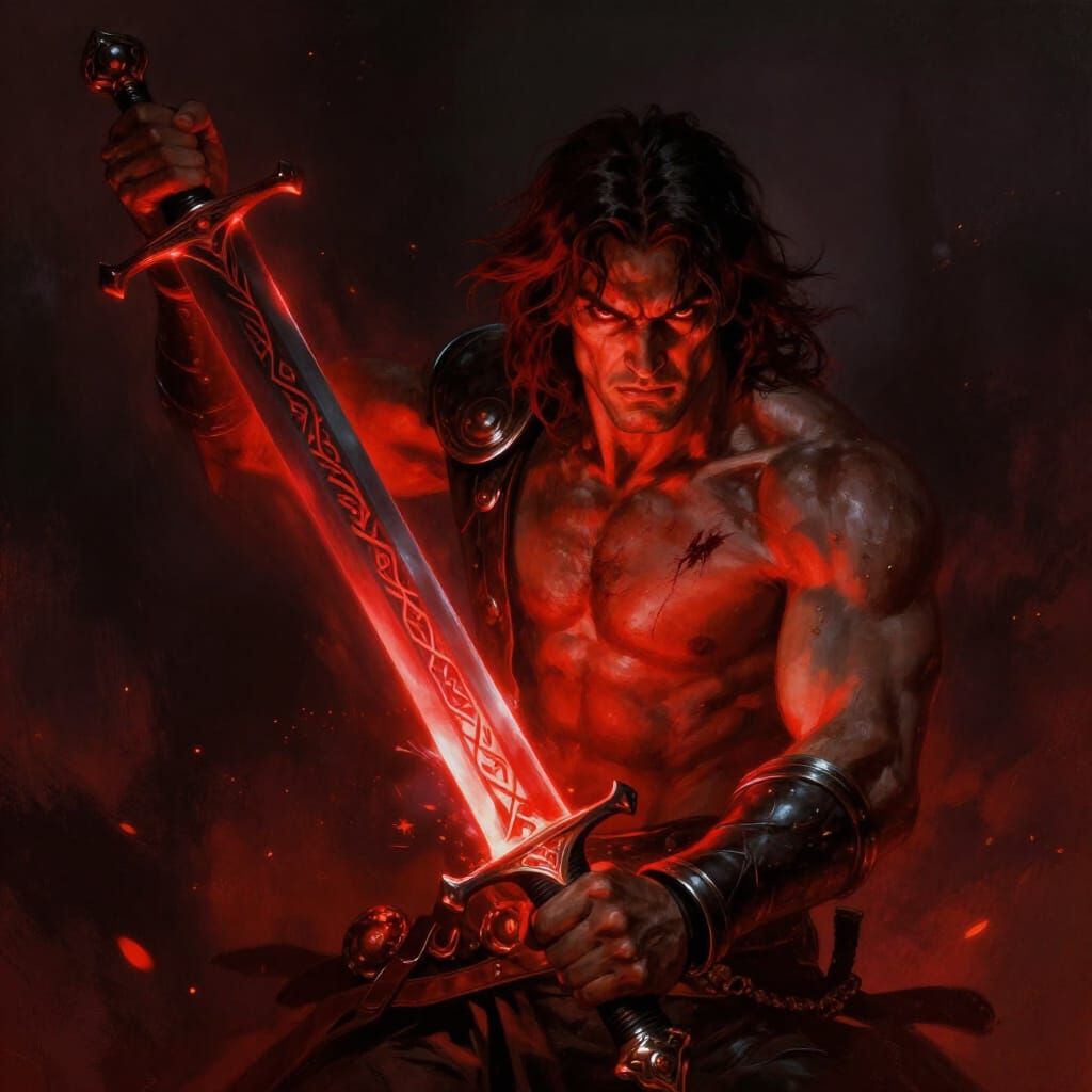 Brave Warrior With Glowing Red Sword