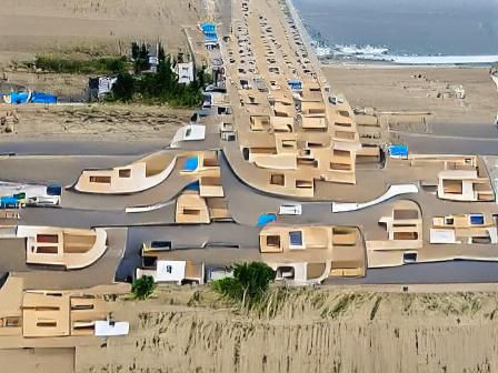 the highway transforms into a street with lined up beachhous...