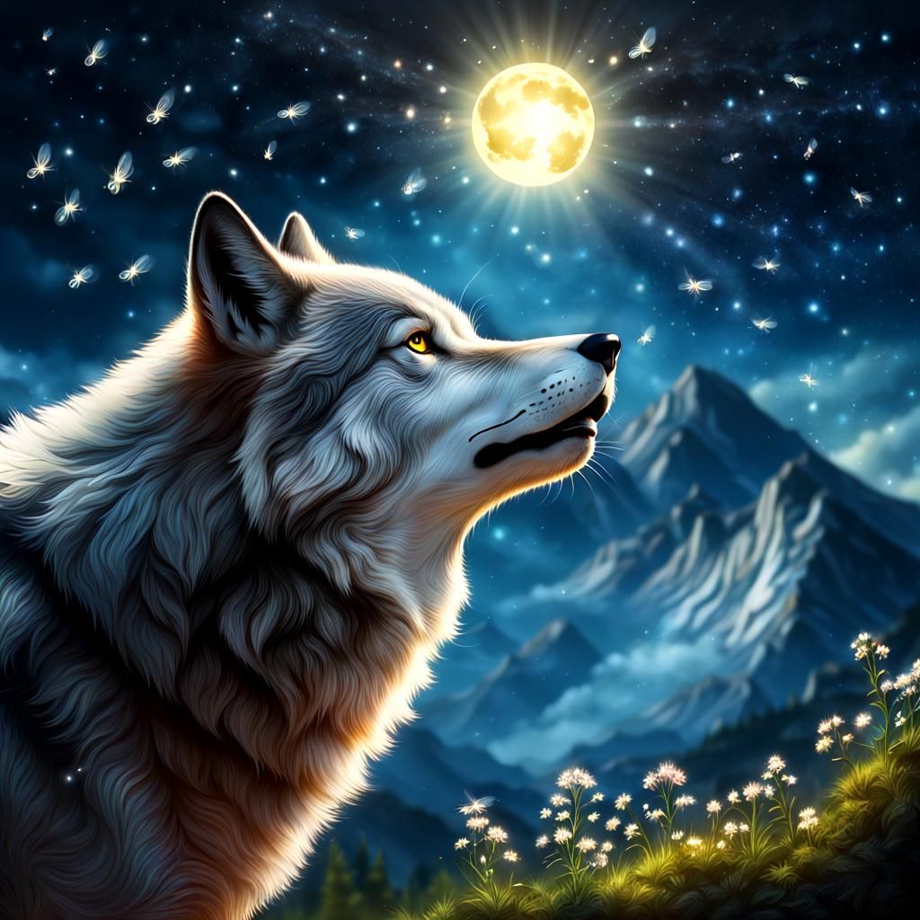 a wolf howling on a mountain surrounded by fireflies on a br...