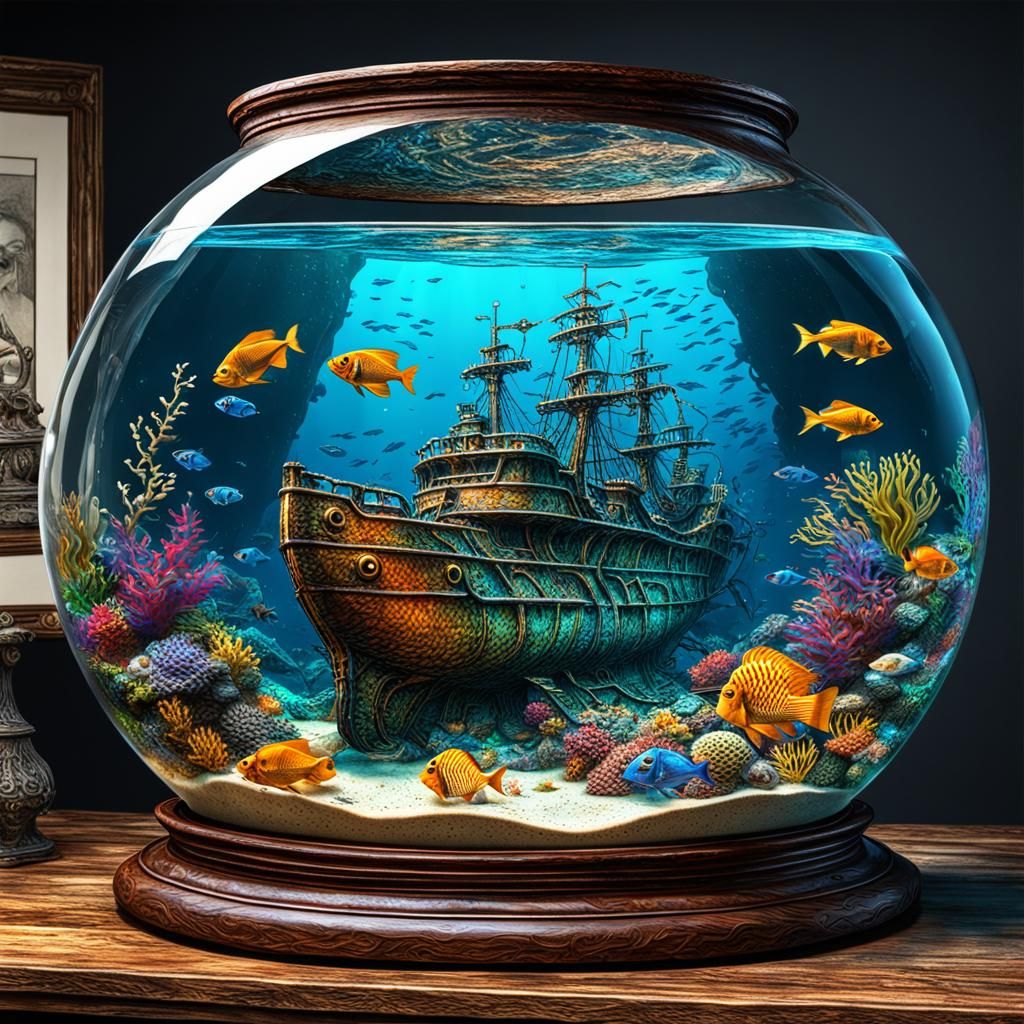 4k, HDR, vibrant colors, and super detailed sunken ship with fish in a fish bowl.  by Christian Riese ...  by @Dj Ark