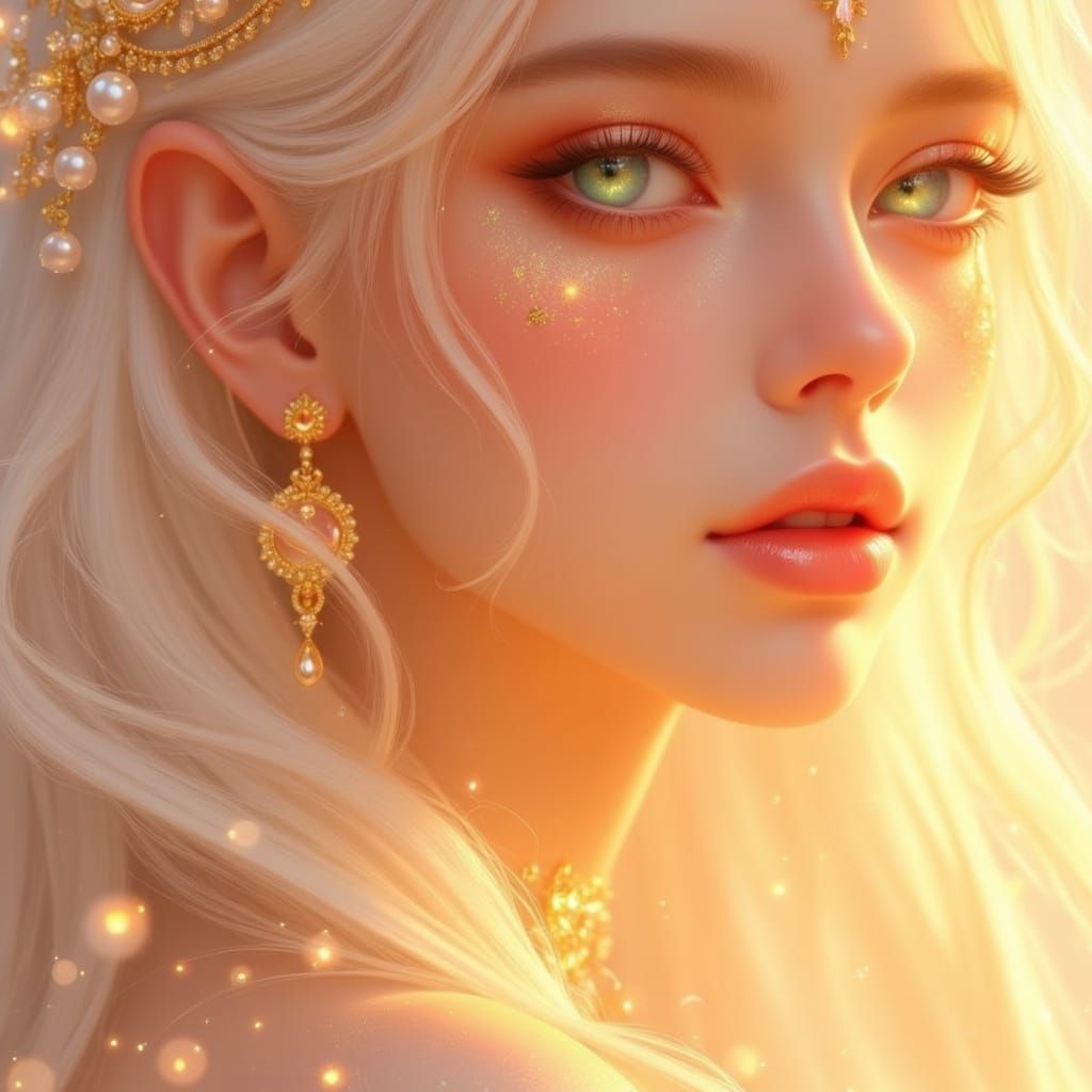 A luminous, ethereal close-up portrait of a beautiful young woman with flowing white-blonde curls, glowing porcelain skin dusted with freckl...