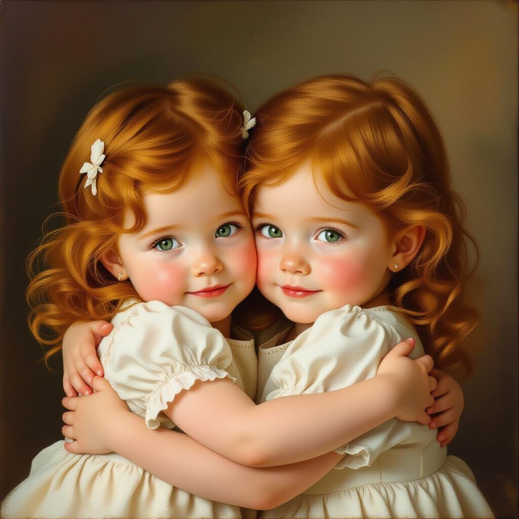 Two Ginger Babies with Green Eyes Hugging in Painterly Style