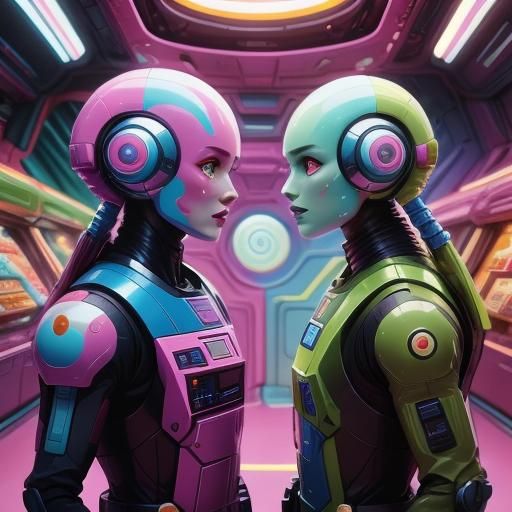 <lora:Bonbon Panic:1.0>
Two cute androids looking at each other. Candy sci-fi
