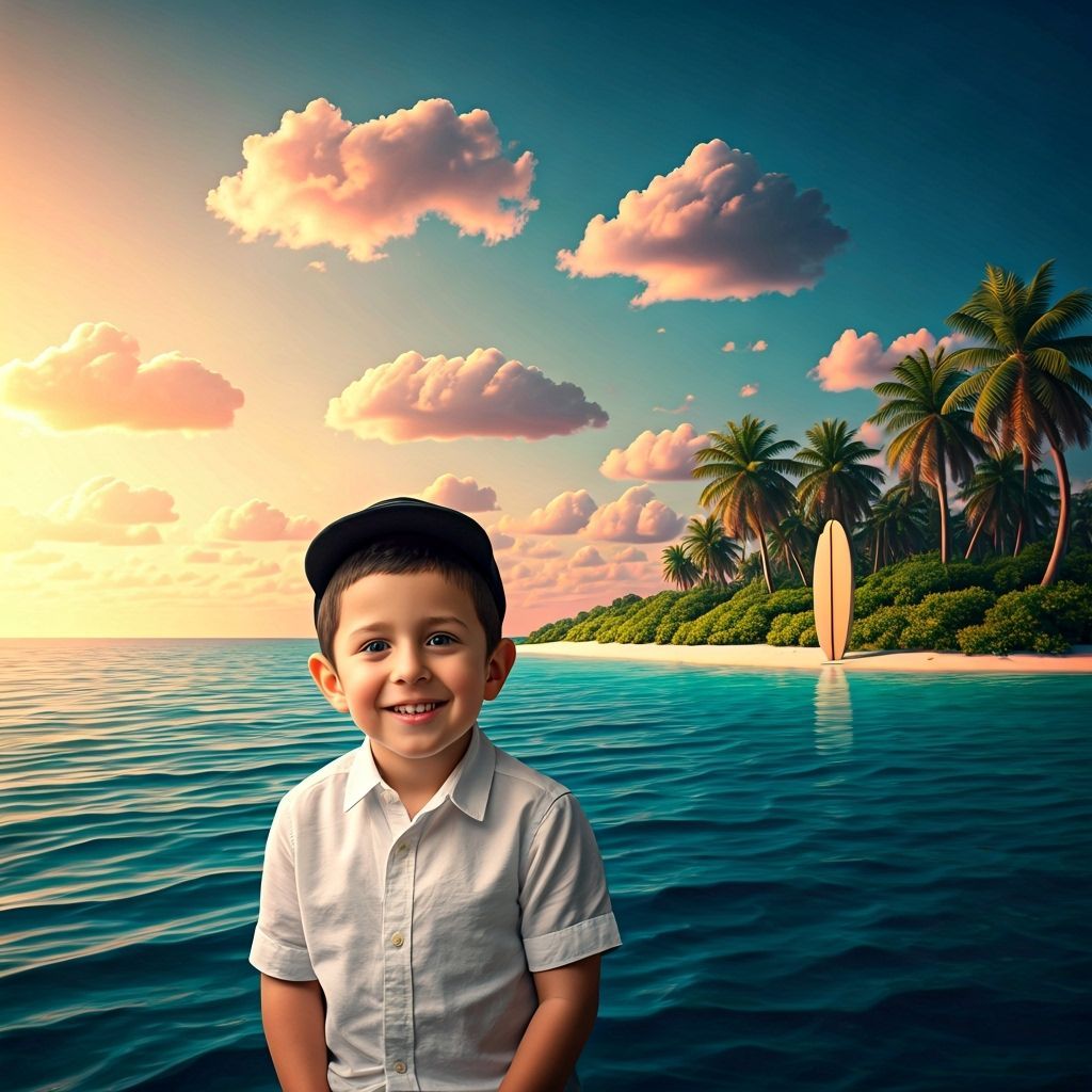 Ethereal Coastal Island Scene with Boy, in Rothko Style