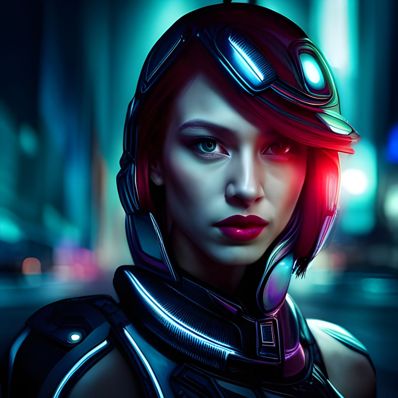 Portrait of a cyborg girl wearing futuristic face armor in a neon city ...