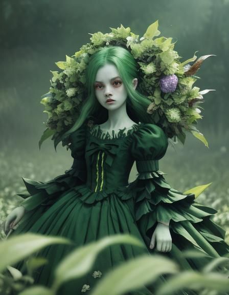 Monster doll woman with beautiful green leafs with flowers d...