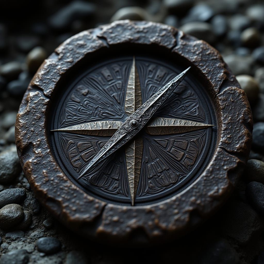 <lora:Hyperreal Fantasy:1.0> Runed compass carved from dragonbone and obsidian;  ultra-sharp focus, pin-sharp detail, photorealistic textur...