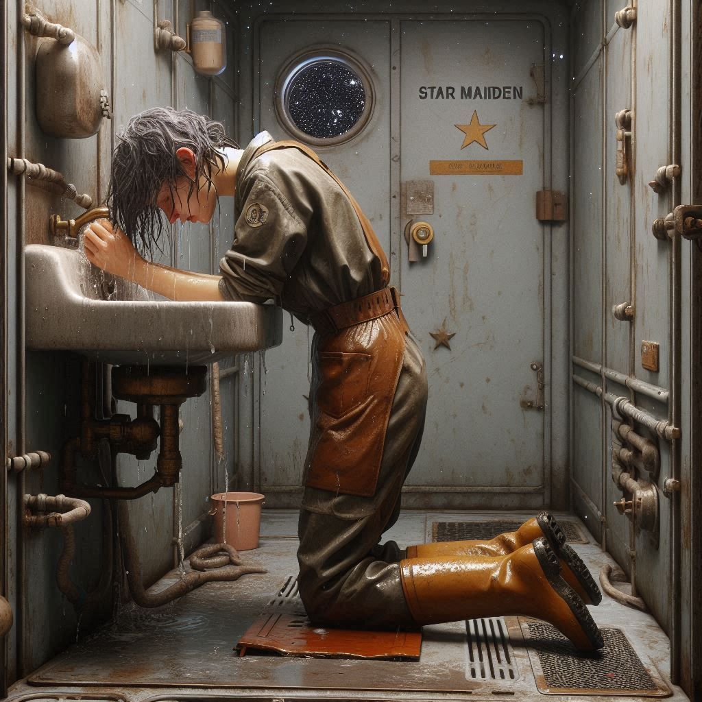 In the restroom of an old spacefreighter, a tired female worker is washing her hair (6)