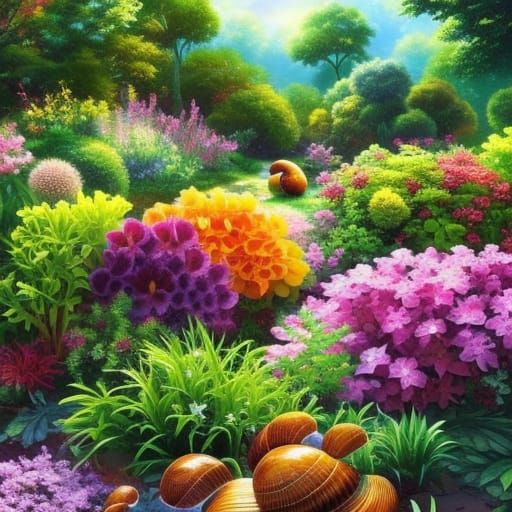 Snails crawling, garden, detailed painting, deep color, fant...