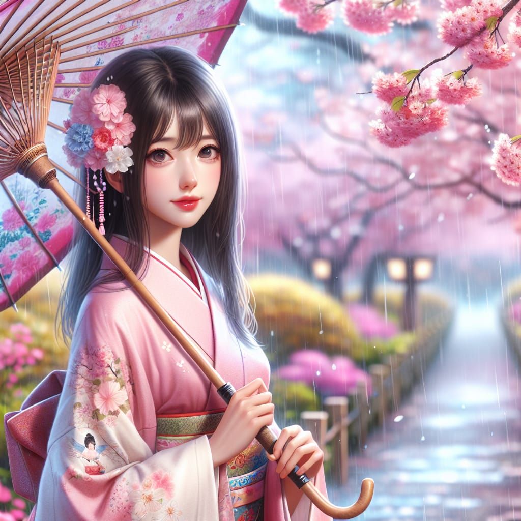 Girl with Umbrella Under Cherry Blossoms in Spring