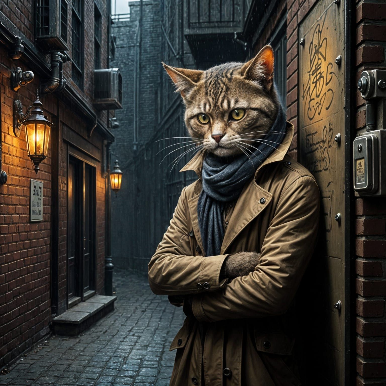My Name’s Friday… :  <lora:AnthroCat:1.0>  A grizzled anthropomorphic cat private investigator, hand to chin in gesture of thought, trench coat flapping, stands ...