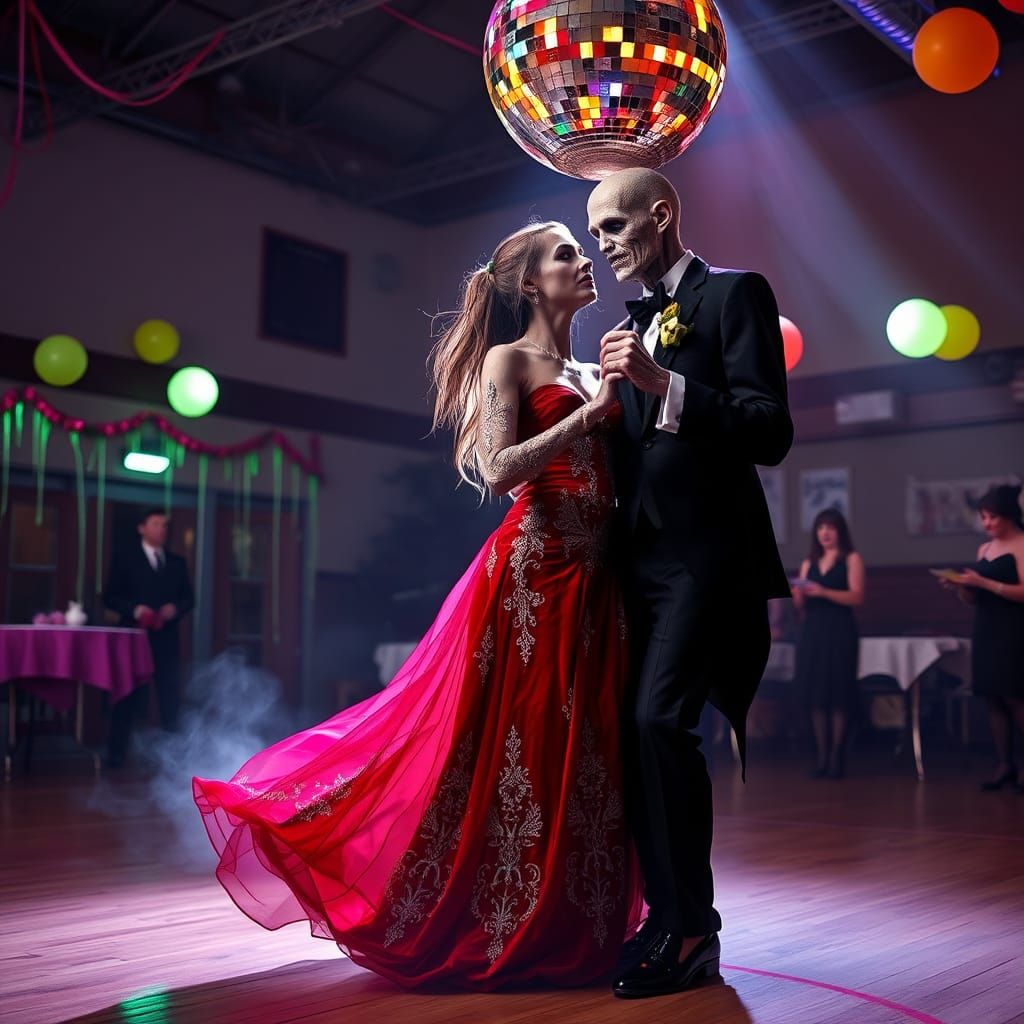 A beautifully dressed female zombie in a flowing, crimson, v...
