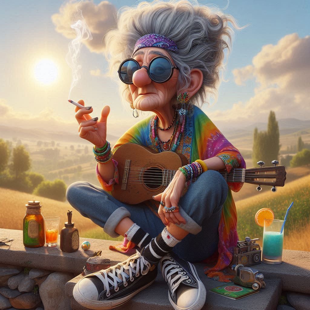 cool hippie grandma playing guitar