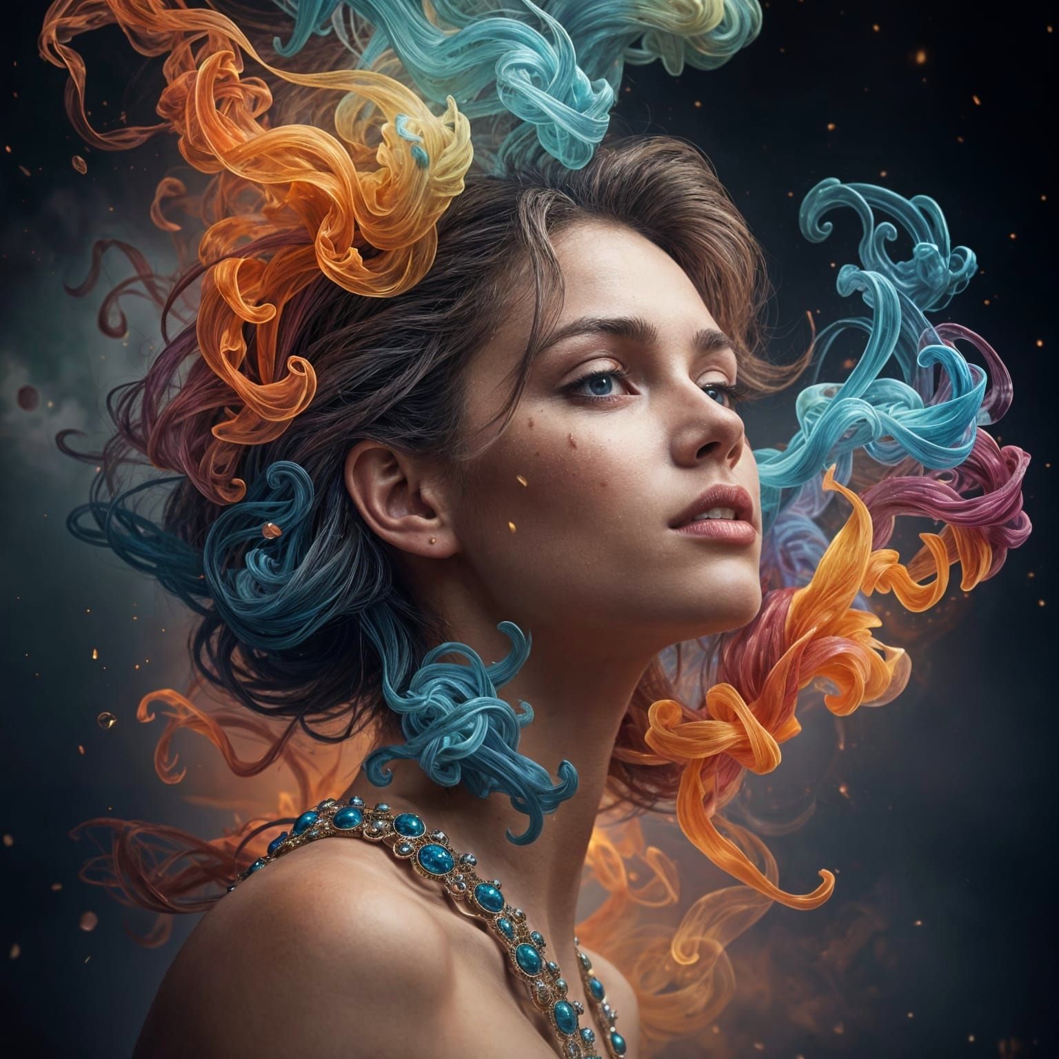 Fantastical Woman's Face Emerge from Swirling Cloud of Smoke