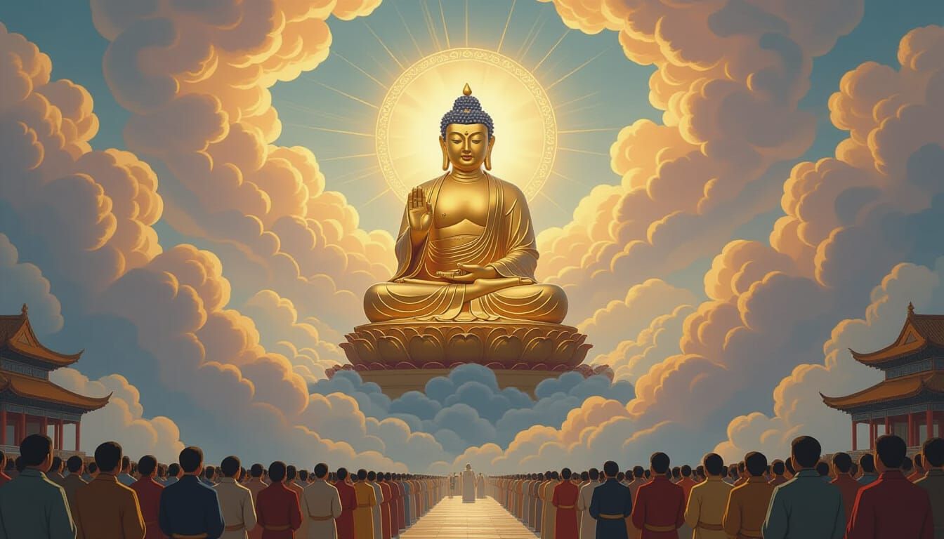 Golden Buddha Statue Radiates Light Over Reverent Crowds