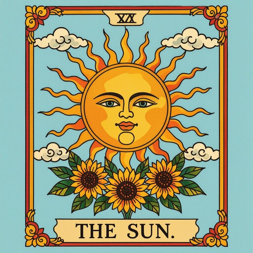 A tarot card of The Sun with a solid light blue background, a geometric patterned sun with triangular rays of different lengths (some are al...