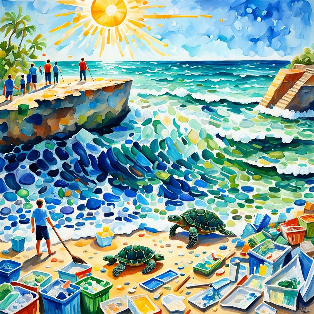 Ocean Pollution Cleanup: Gouache Impressionist Masterpiece
