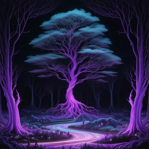 creepy landscape A surreal colorful haunted countryside  at dusk, creepy tree roots and hanging branches possess fluid, intertwined designs,...