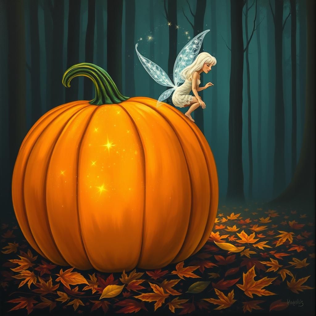 A fantastical painting depicts a large, illuminated pumpkin ...