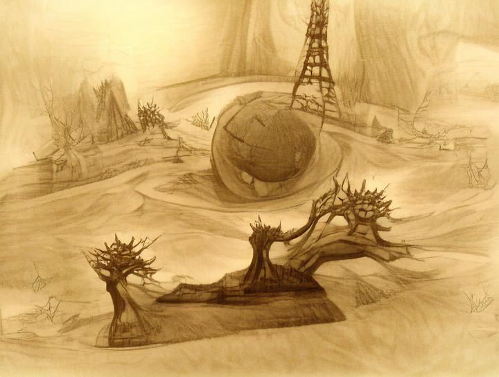 Concept art, pencil sketch, sepia tone; at the base of the World Tree