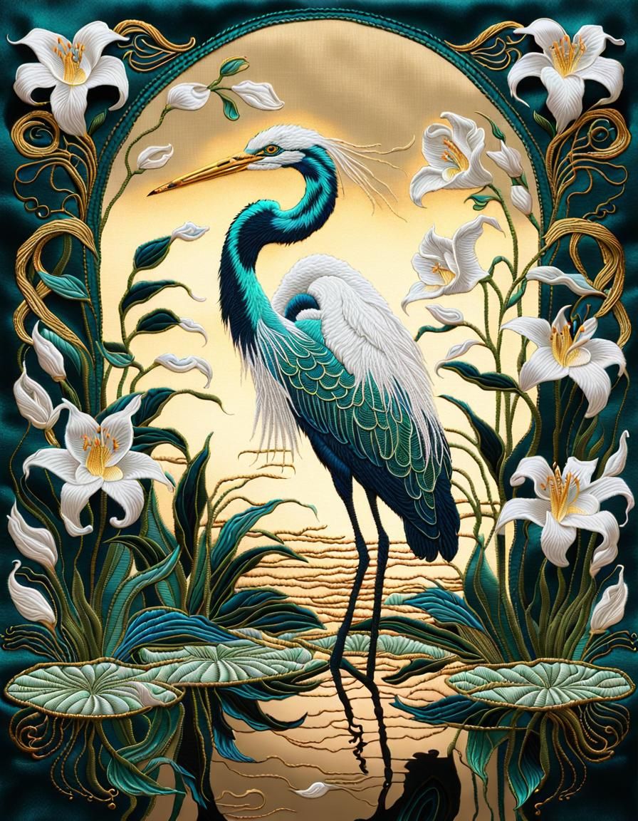 Embroidery of an egret and lilies on silk.   by @Tiny Pearl Cat