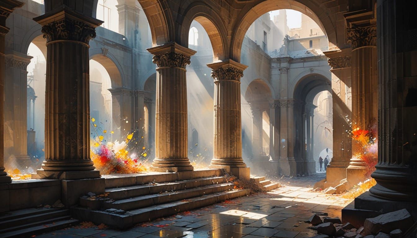 Whimsical scene of a pantheon rendered with dramatic interplay between piercing morning light and deep, haunting shadows. Stained glass wind...