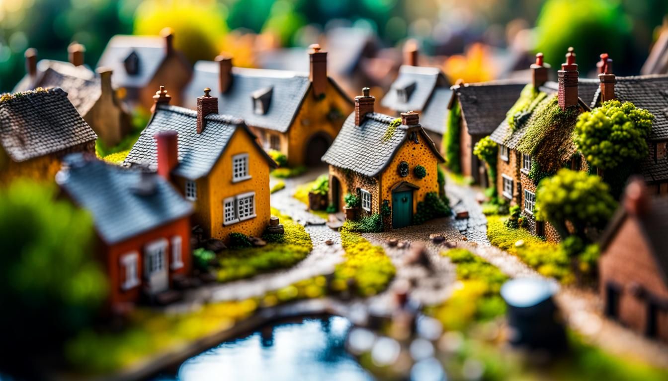 miniature diorama of small english village close up macro ph...
