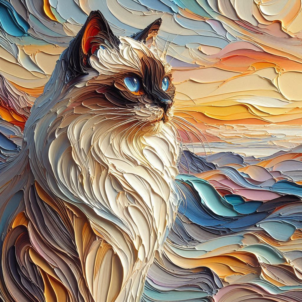 Siamese cat impasto painting.