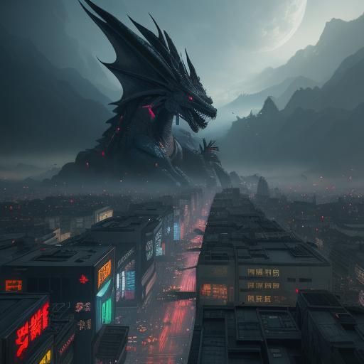 Dragon and Banshee Duel in Cyberpunk Neon City