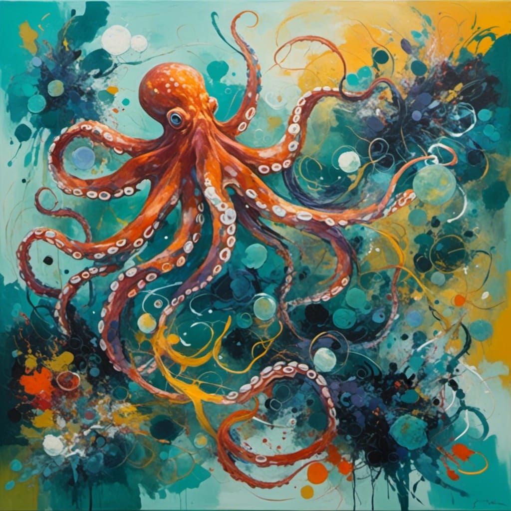 <lora:Lyrical abstraction:0.8> An underwater scene featuring an octopus, rocks, coral, kelp, bubbles, chaotic vibrant energy 