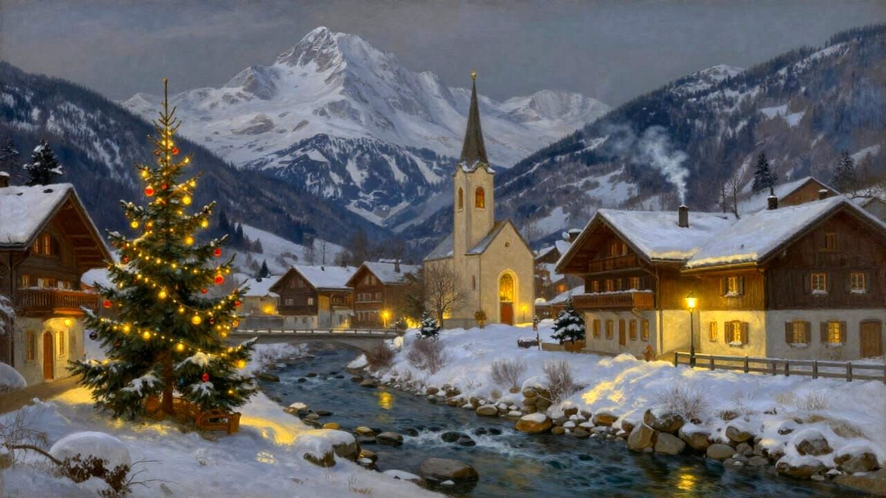 A hyper-detailed, whimsical, and expressive oil painting, a nighttime view of an old Swiss village. The ...  by @Hugo Raul