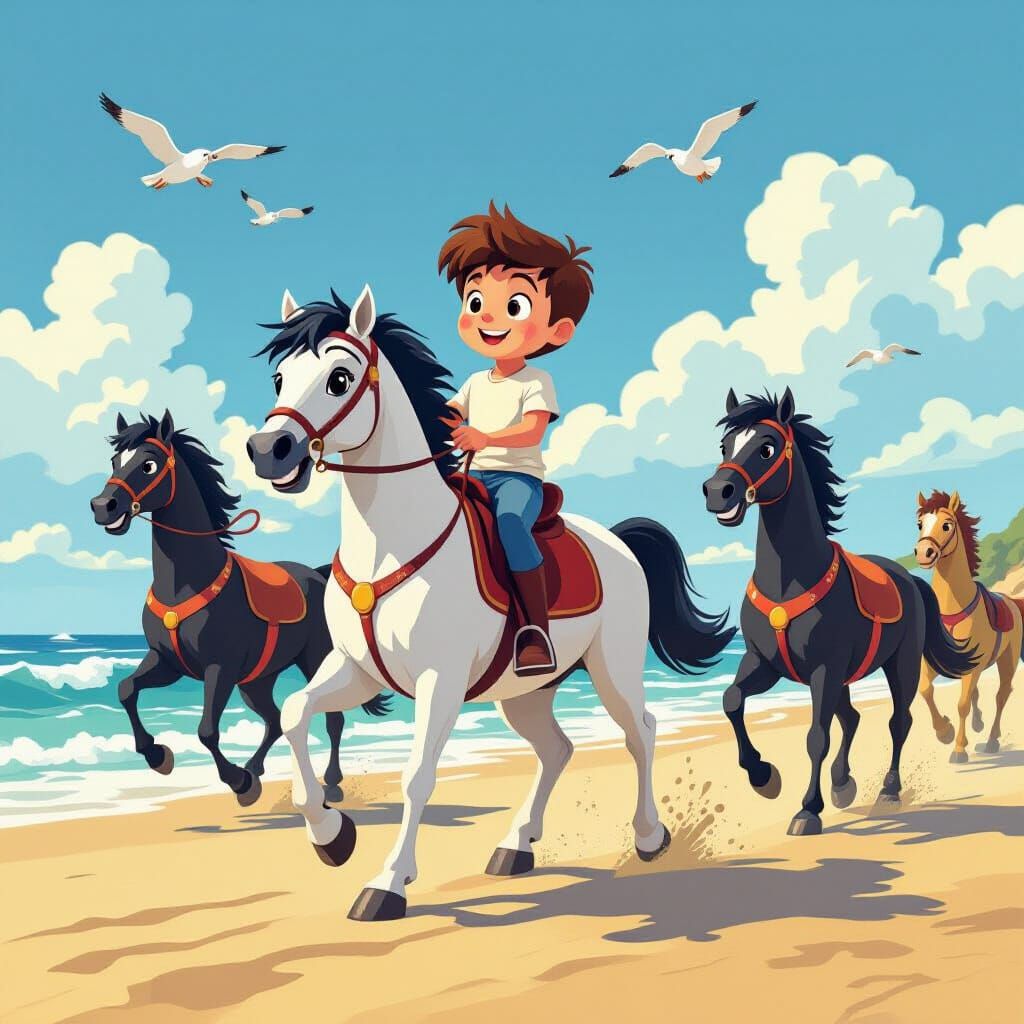 Boy Rides White Horse Escaping Black Horses in Cartoon Style