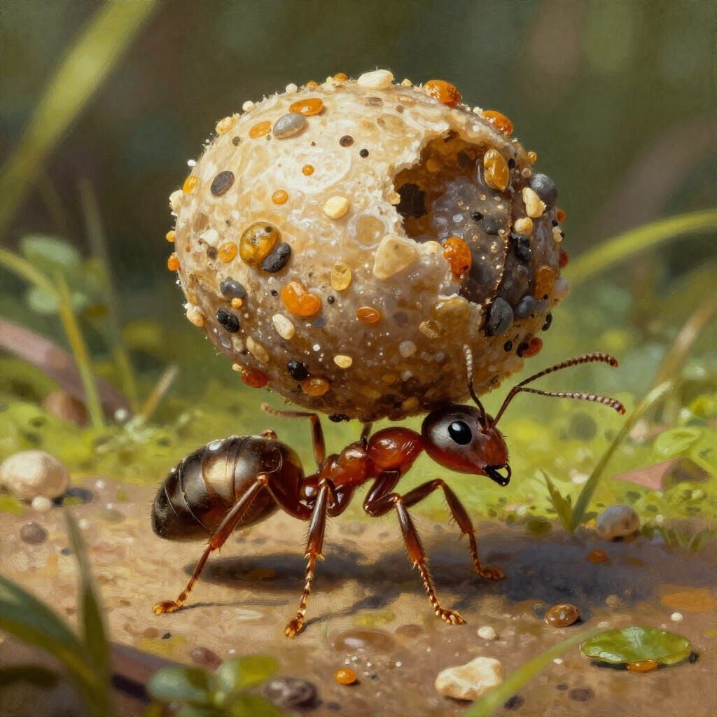 A small, industrious ant carrying a crumb significantly larger than itself back to its colony, a testament ...  by @Katimati