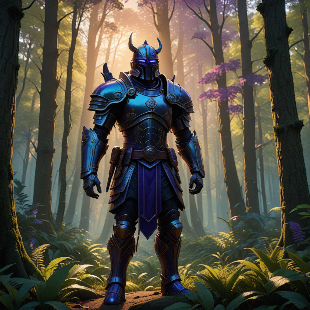 Epic Fantasy Warrior in Lush Forest, Inspired by Art Deco an...