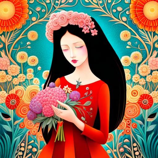 girl with birds, flowers, fairytale, magic realism, mysterio...