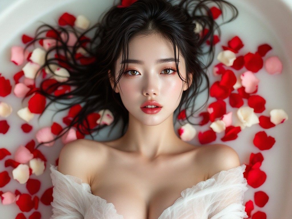 A supermodel with red and white rose petals 🌹