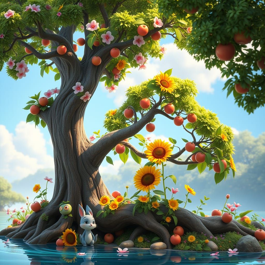 Whimsical Tree Beside Serene Water in Vibrant 3D Animation S...
