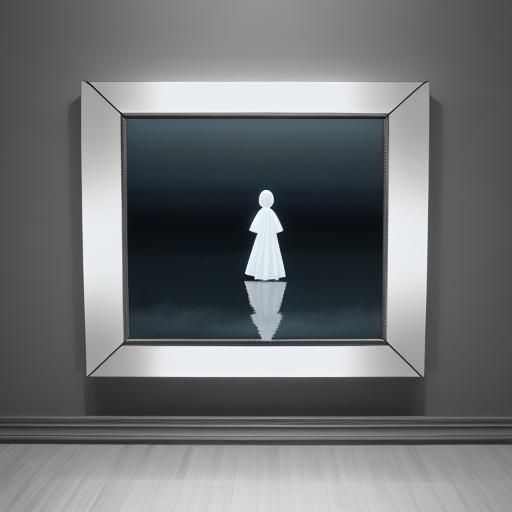 Surreal scene of an unsettling floating person, an uncanny mirror showing no reflection of the floating person in front ...