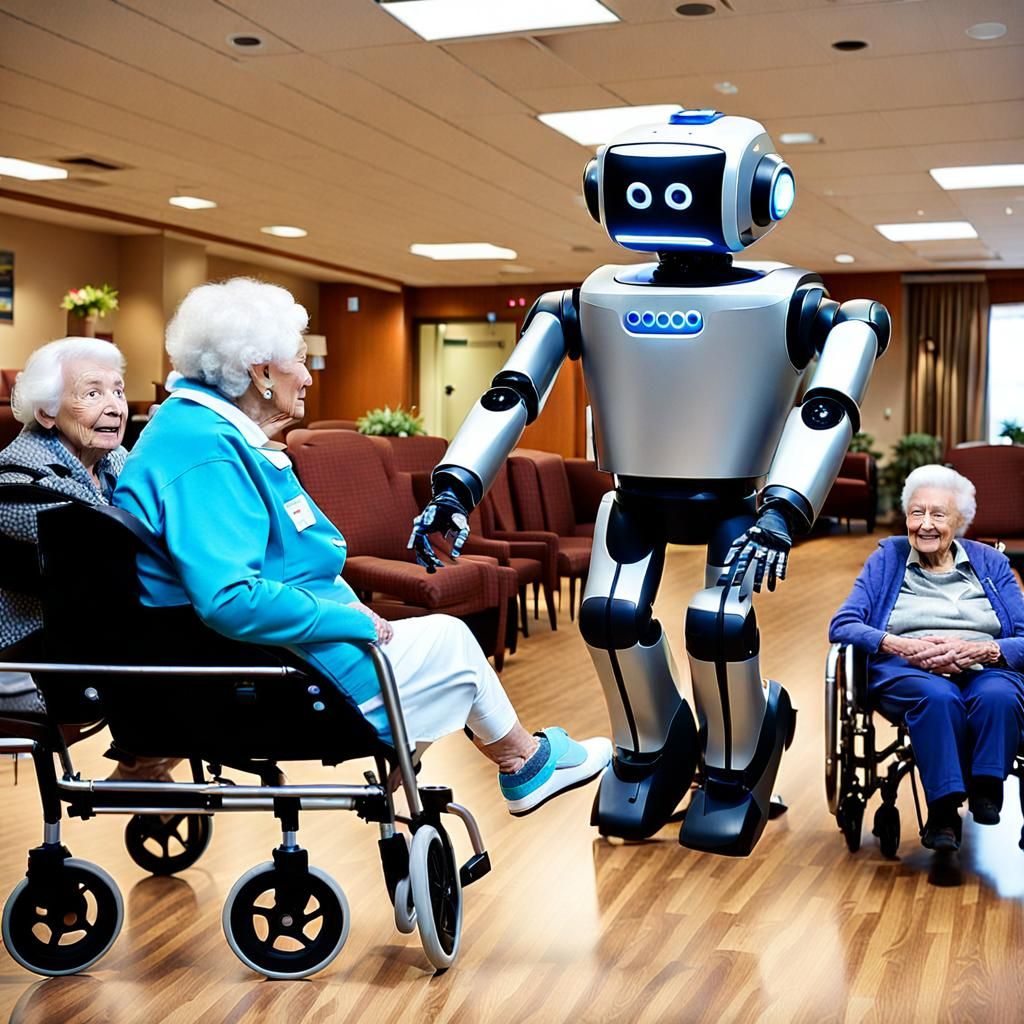 Robot walks by surprised residents in nursing home lounge