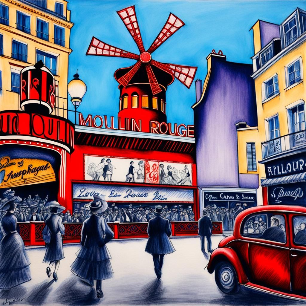 Moulin Rouge, can-can, lavender blue hyperdetailed charcoal ...