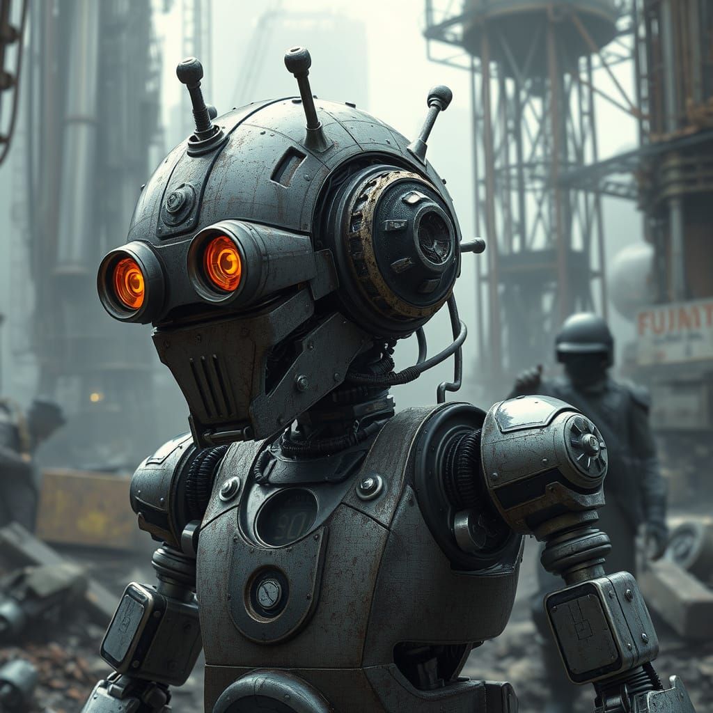 Dieselpunk-style like 1950 and dystopian. Abandoned robot made from Steel. Lots of industrial metal and ...  by @Harro