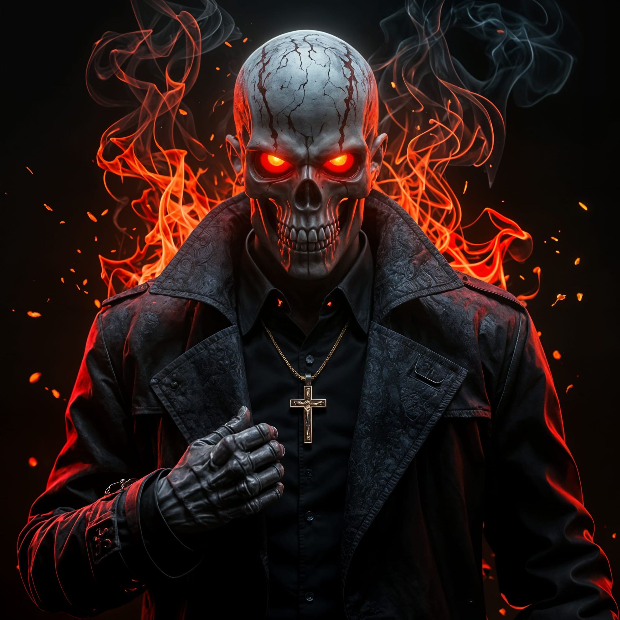 "A menacing figure, half-skeletal, with a glowing red skull and eyes, wearing a dark, textured trench coat and a collared shirt with a cruci...