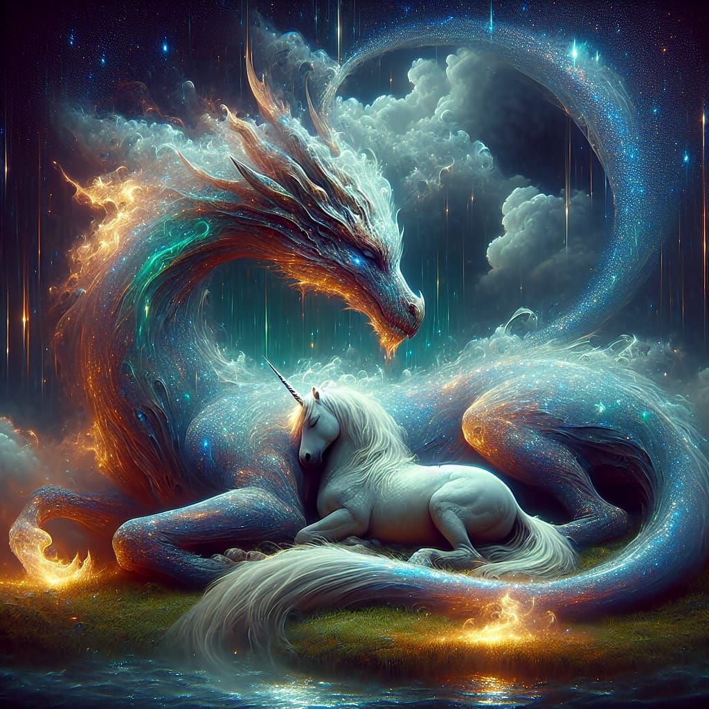 a shimmering unicorn, nestled under a mighty, smoking dragon...