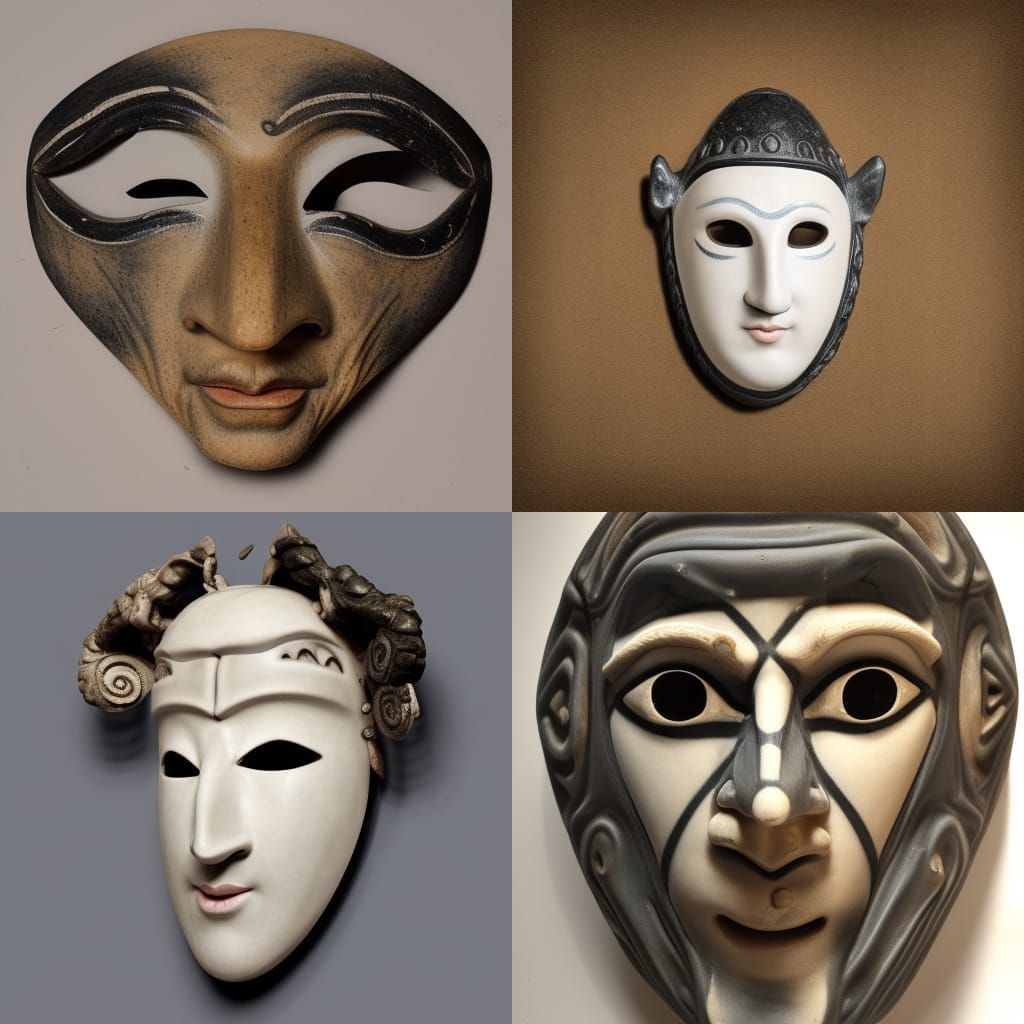 porcelain Greek theater mask, two hollowed eye slits, the corners of ...